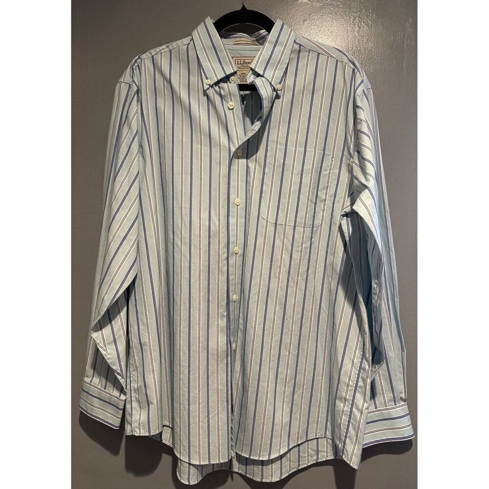 L.L. Bean Shirt Men M Wrinkle Resistant Blue Stripe Button Long Sleeve Classic